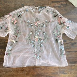 Zara sheer pink tulle overblouse M floral